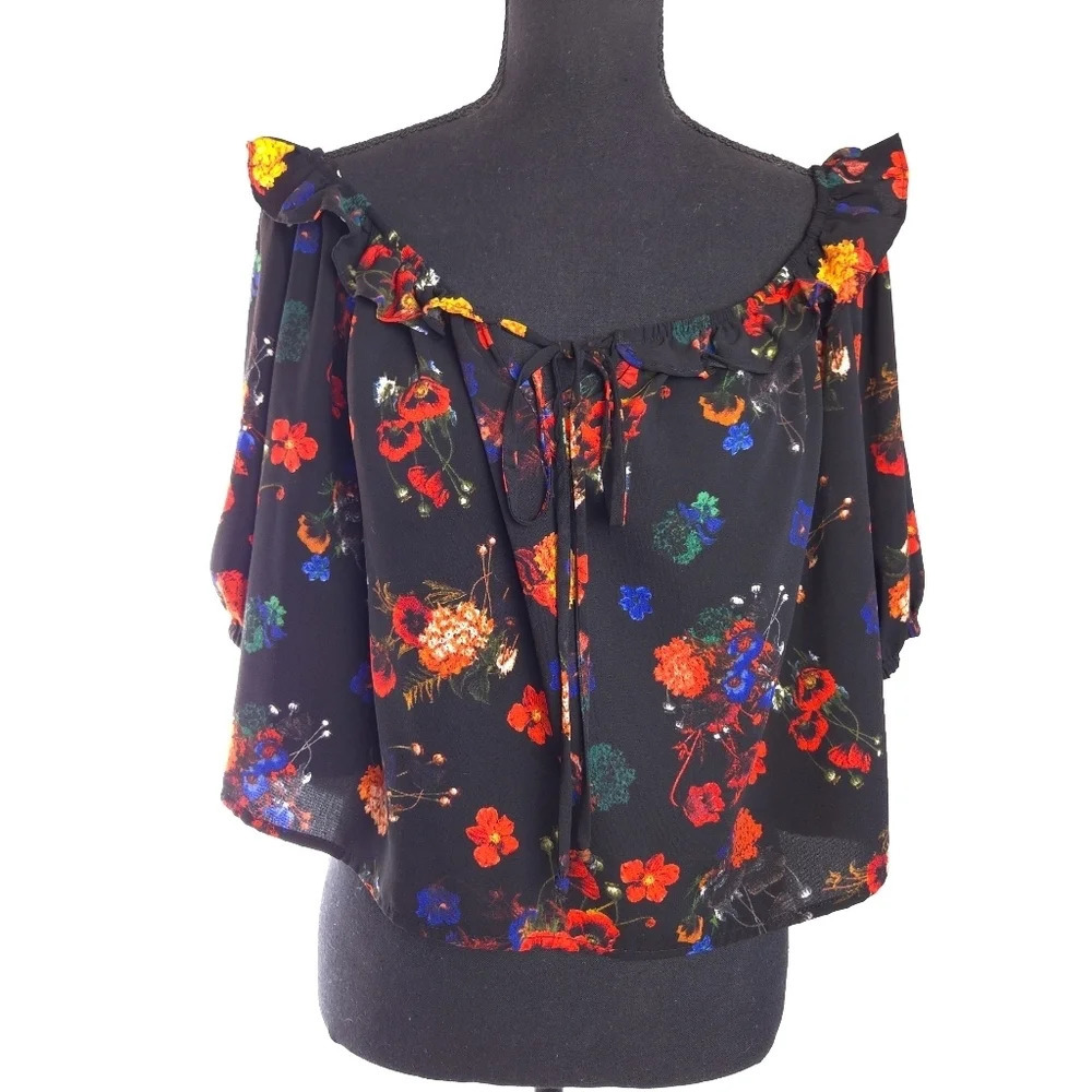 🔥 (5for$35) GB Gianni Bini Cold Shoulder Blouse Black Floral